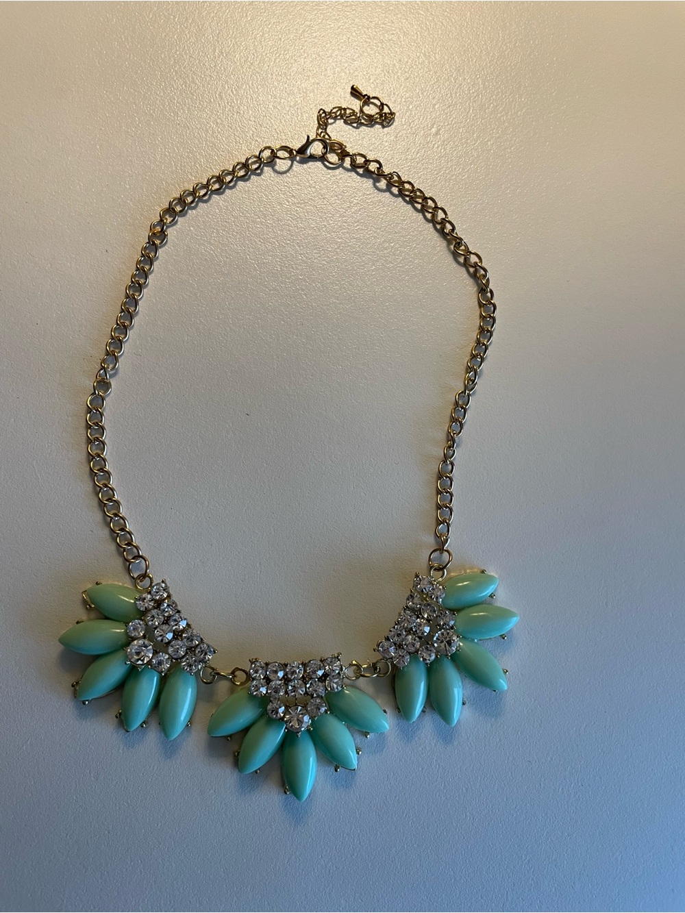 Y2K Mint Green Statement Necklace Gold Tone Rhinestone Floral Bib Collar Boho